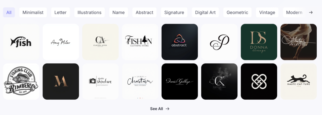 Arvin AI logo templates with various styles, including minimalist, abstract, vintage, and modern designs, showcasing examples like fishing, photography, and fashion logos.